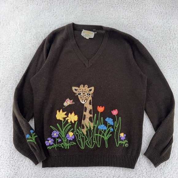 Cyn Les Sweaters - Vintage Cyn Les Shirlee Designs Embroidered‎ Giraffe 2-Sided Sweater Womens S